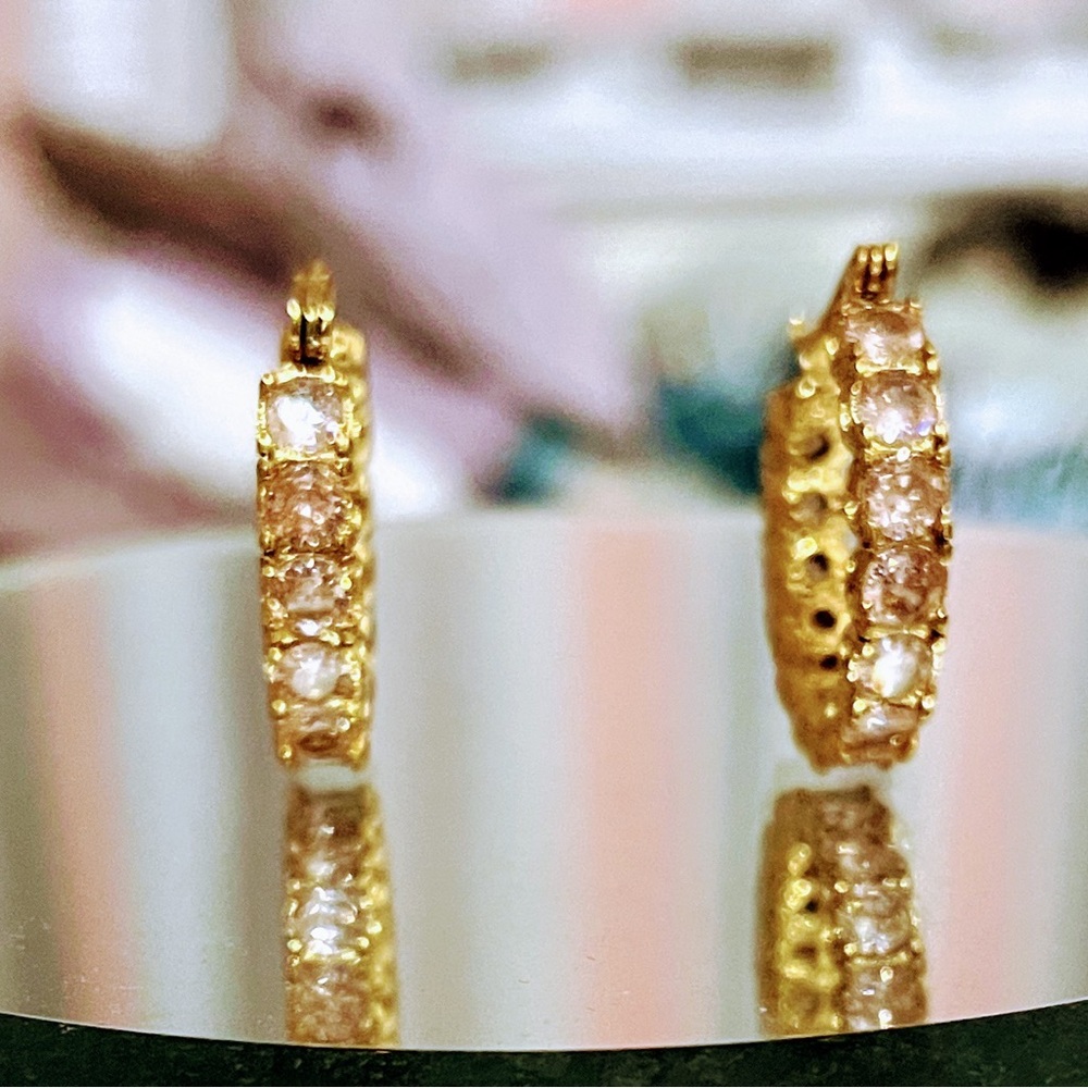 Vermeil Gold with Pink Stones Hoop Earrings - Picture 3 of 3